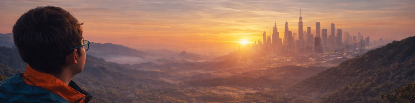 Panorama kota saat matahari terbit — foto header LinkedIn Ihkam Aufar Zuhairi